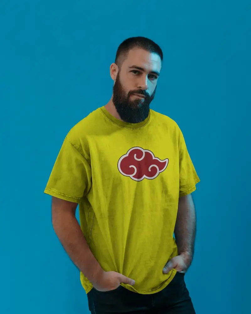 Relaxed Fit Tshirt Mockup On Bearded Man Simple Pose Minimal Scene With Bold Color