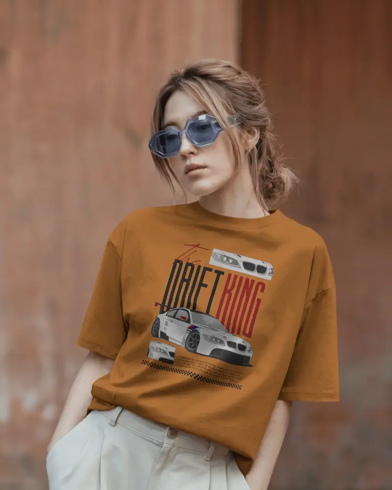 Urban Female T Shirt Mockup Blue Sunglasses Model With Beige Trousers And Brick Backdrop