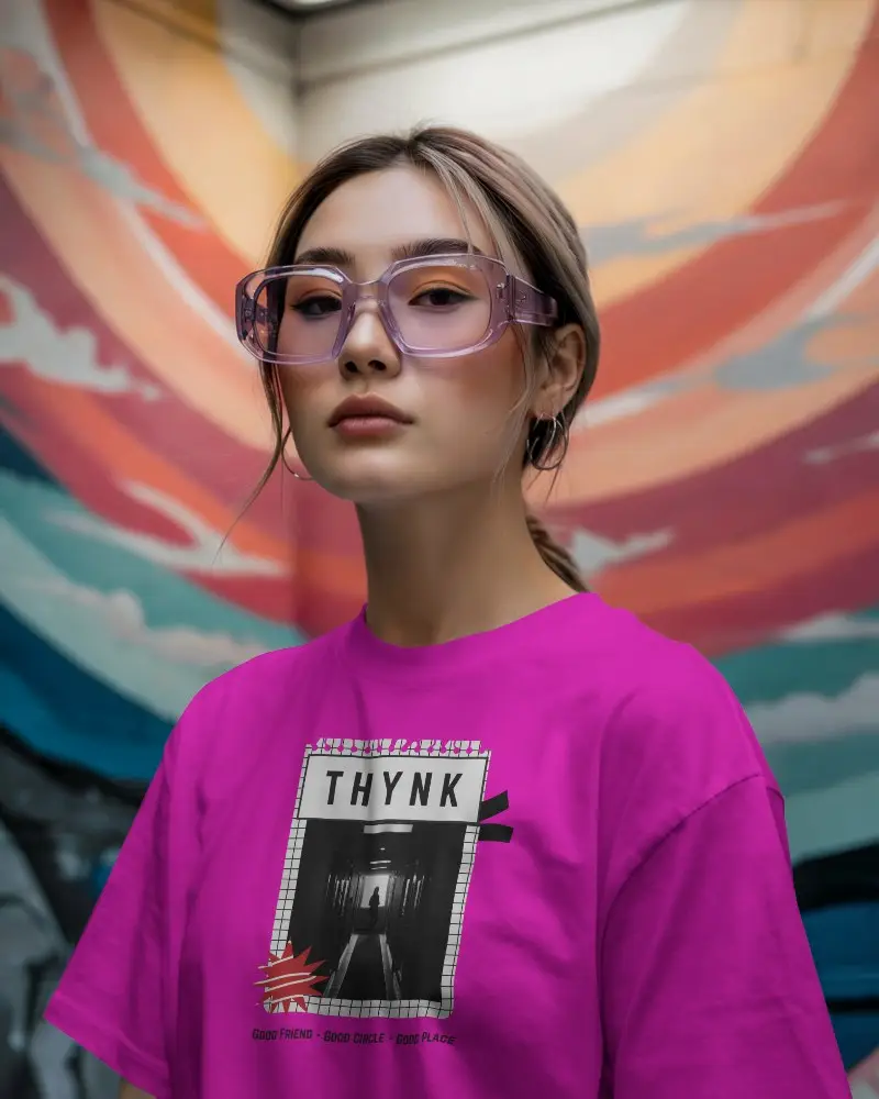 Color Splash Tshirt Mockup Female Model With Purple Glasses And Vibrant Graffiti Wall