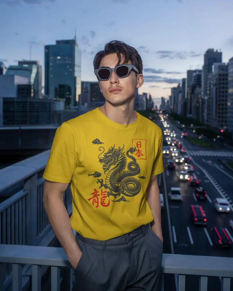 Cityscape Evening Tshirt Mockup Male Model With Sunglasses Over Urban Highway Sunset View