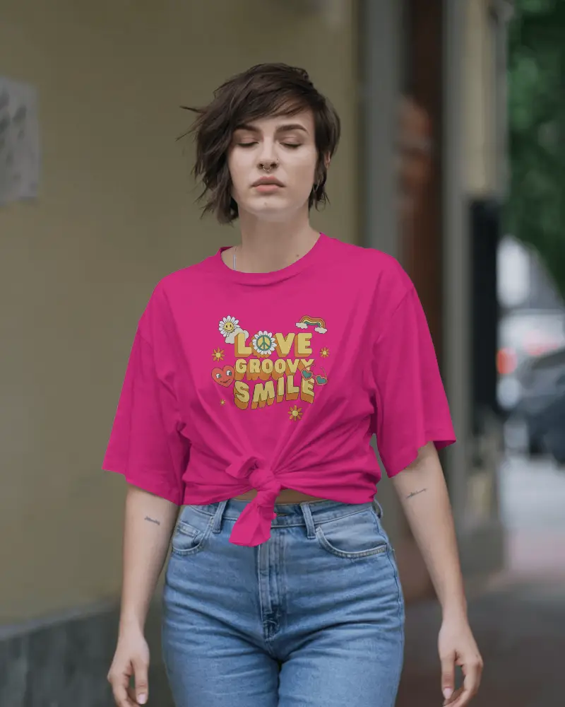 Urban Walk Tshirt Mockup Female Model Eyes Closed Tied Tee Minimal Street Style Look