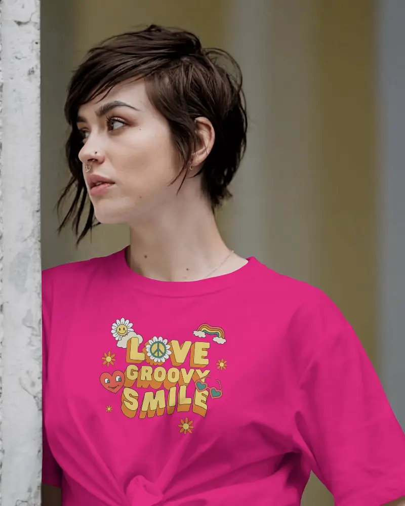 Corner Glance Tshirt Mockup Female Model Side Profile Urban Backdrop Soft Lighting Scene