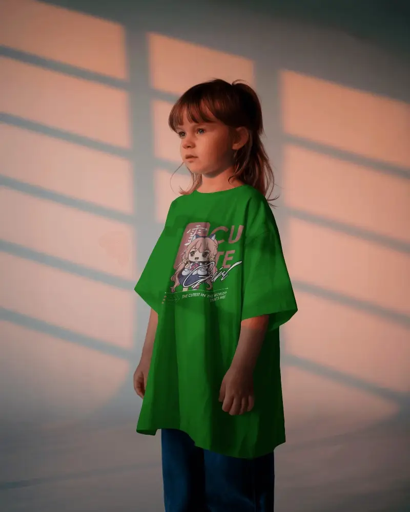 Kids T Shirt Mockup Girl Standing In Soft Sunset Window Light With Calm And Serene Expression