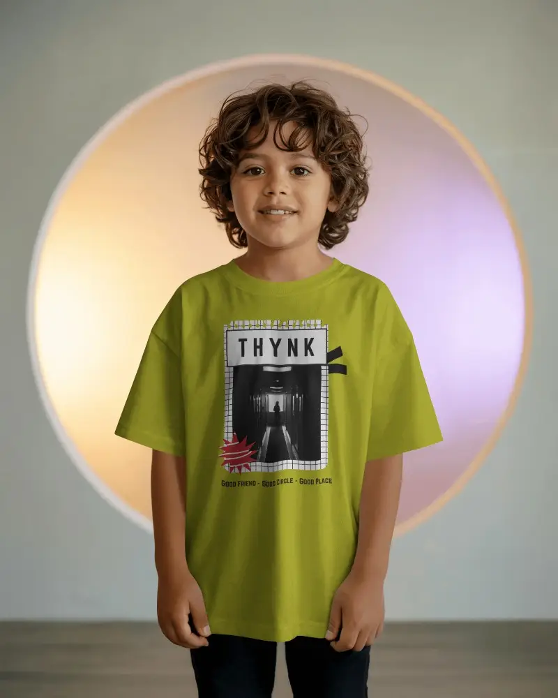 Kids T Shirt Mockup Boy Smiling In Front Of Glowing Colorful Circle Light And Minimal Background