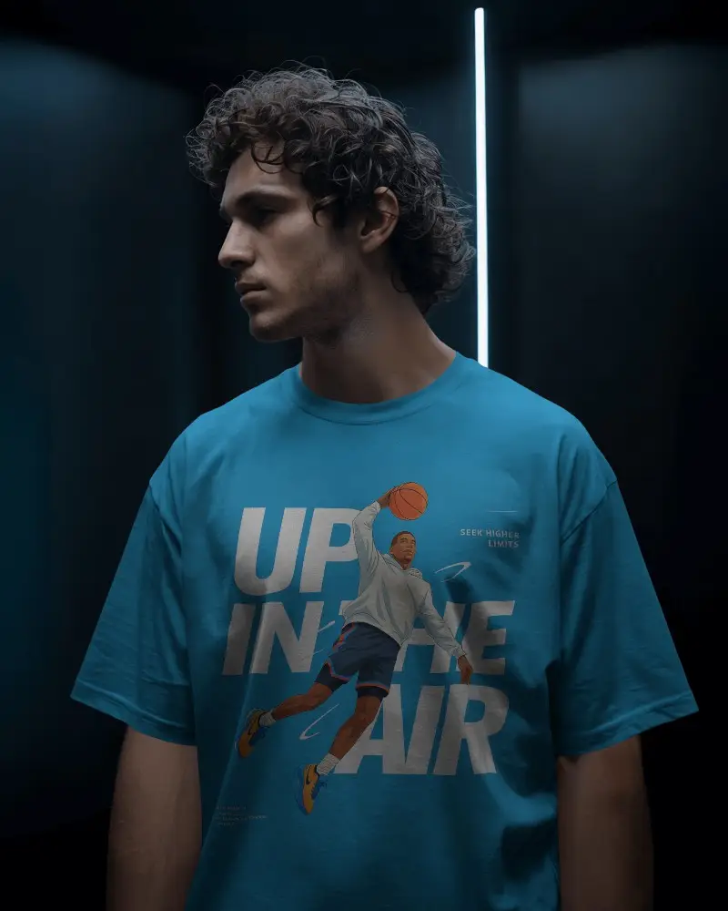 Cinematic Low Light T Shirt Mockup Male Model With Curly Hair In Studio Setting