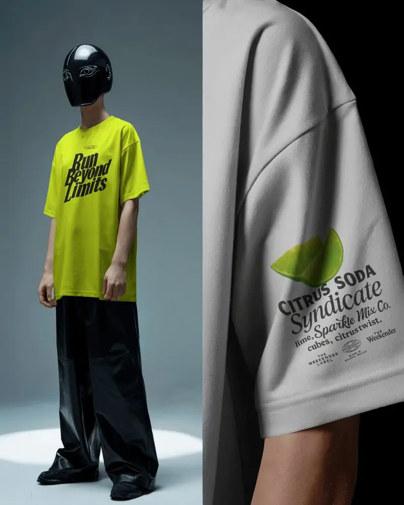 Futuristic T Shirt Mockup Male Model In Black Helmet With Closeup Sleeve Detail