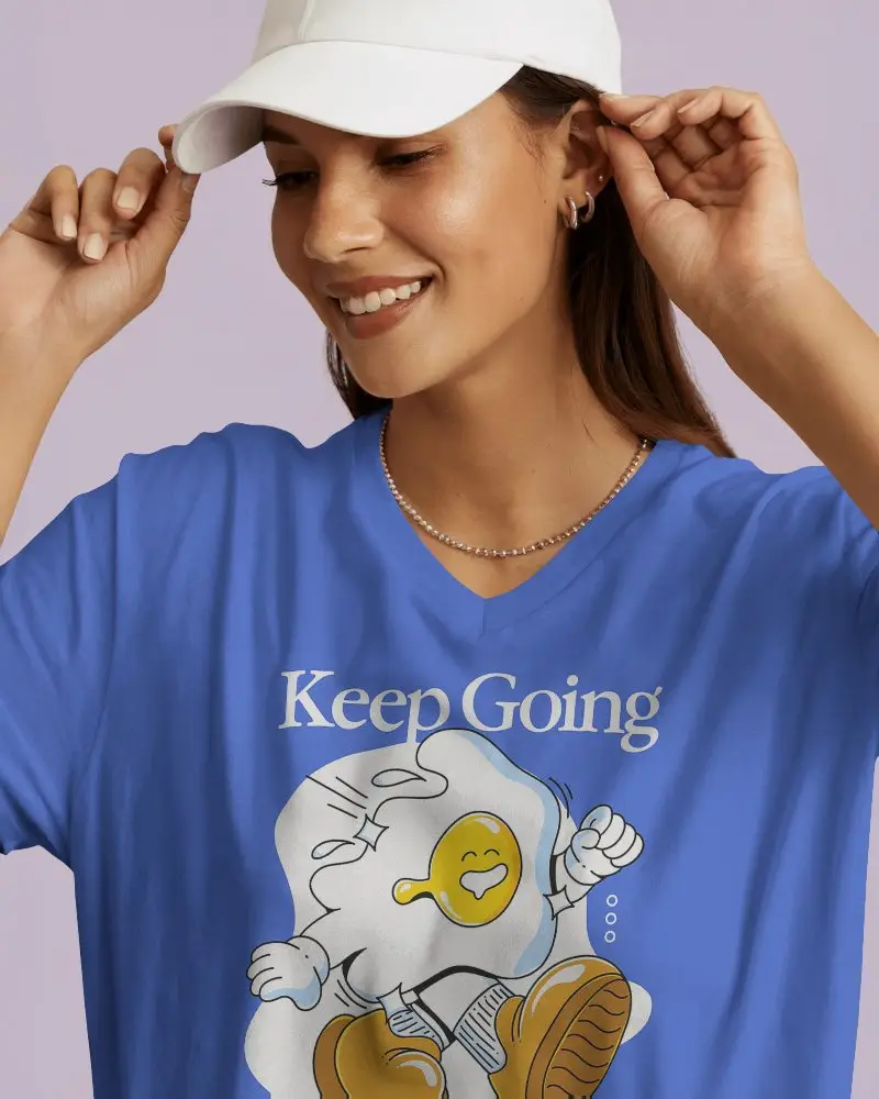 Casual V Neck T Shirt Mockup Smiling Female Model Adjusting Cap In Soft Lighting