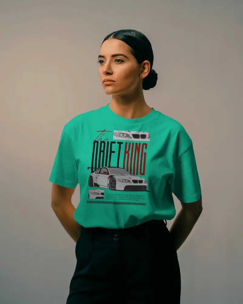 Minimalist Studio Tshirt Mockup Female Model Standing In Neutral Background Lighting