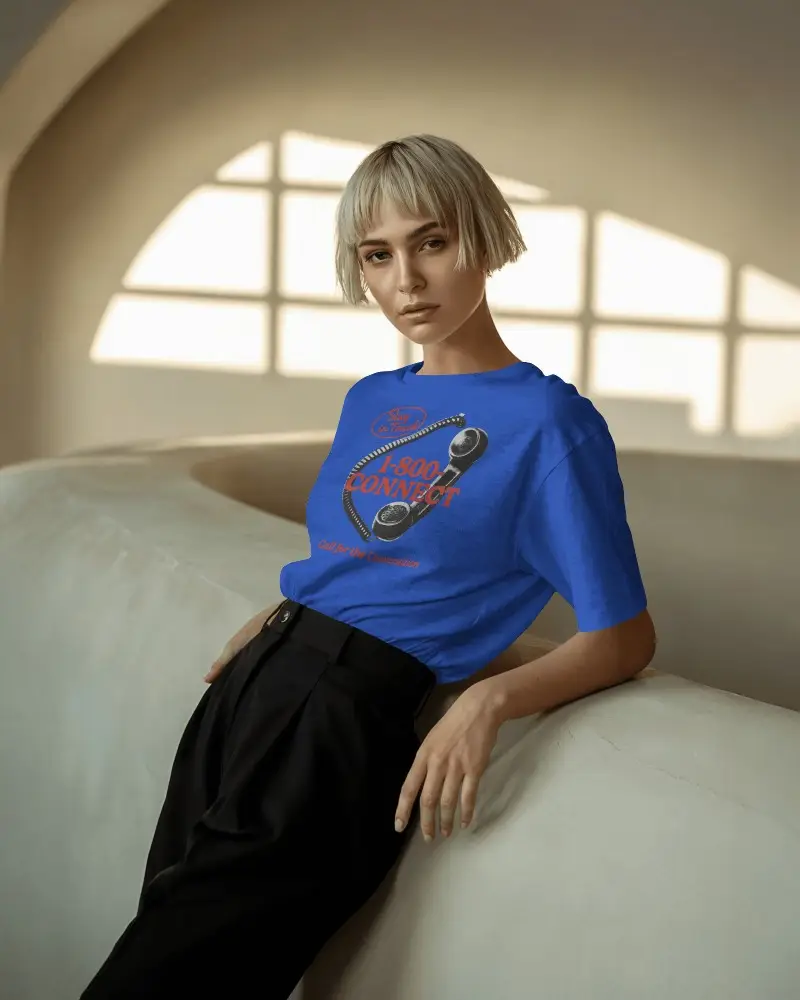 Minimalist T Shirt Mockup Female Model With Short Blonde Bob In Soft Sunlit Interior Modern Style