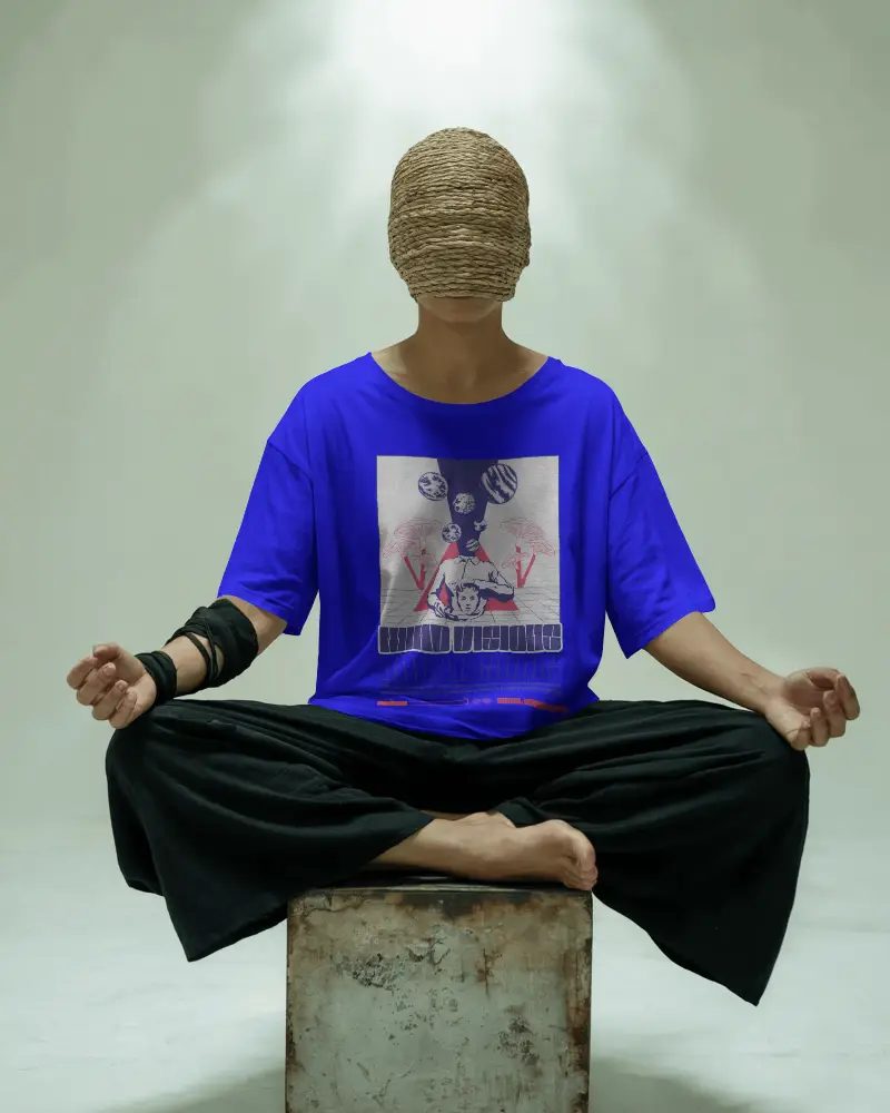 Artistic Meditation Tshirt Mockup Male Model With Woven Face Cover In Zen Pose On Stool