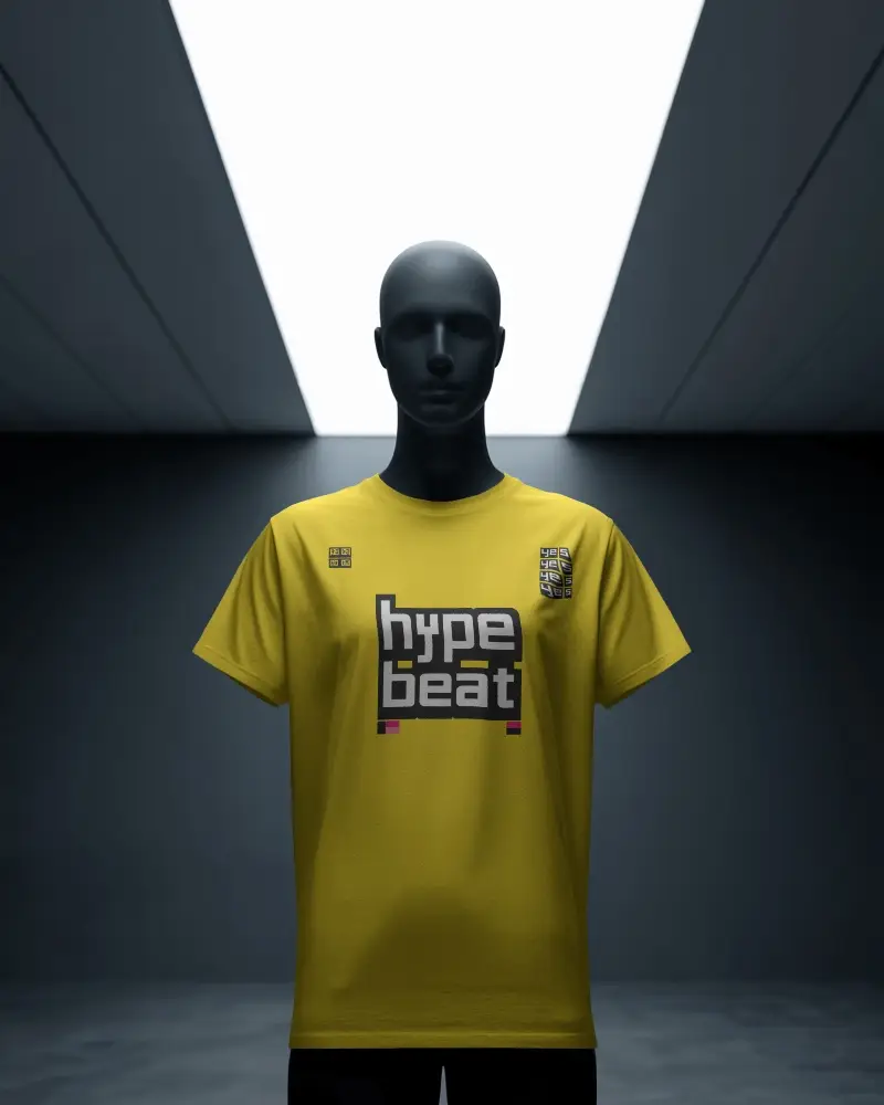 Minimalist Dark Studio Tshirt Mockup Mannequin Under Bright Ceiling Light Futuristic Display