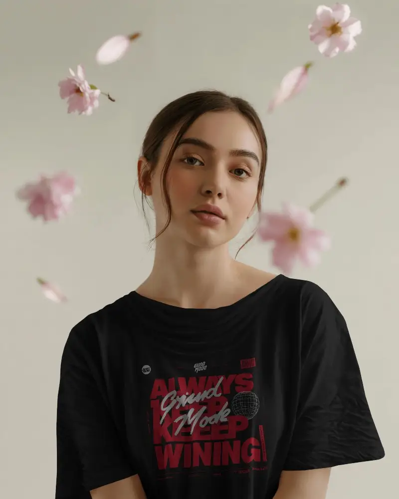Floral Falling Tshirt Mockup Female Model Soft Expression Nature Inspired Aesthetic