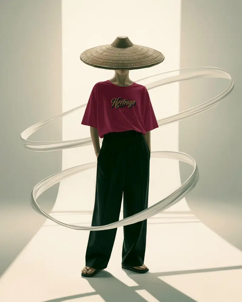 Avant Garde T Shirt Mockup Surreal Figure With Straw Hat Geometric Light Shafts And Floating Rings