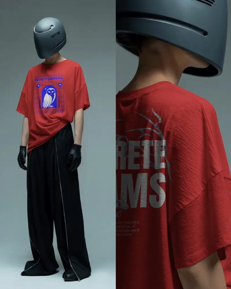 Futuristic Editorial T Shirt Mockup Male Model Wearing Helmet And Gloves In Minimal Studio Fashion
