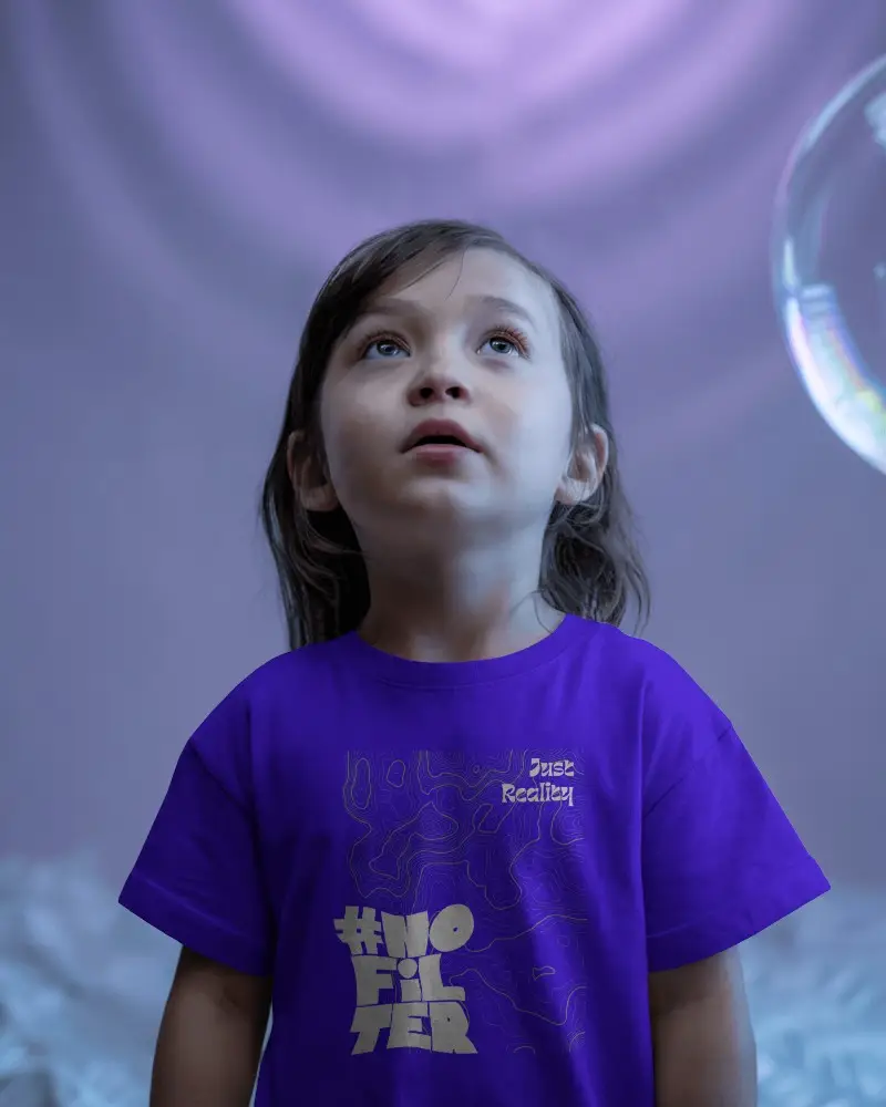 Dreamy Kid T Shirt Mockup Child Looking Up In Purple Light Bubbles Magical Playful Style