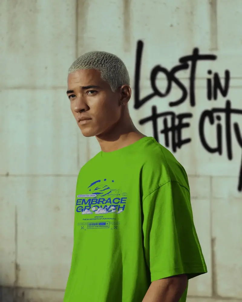 Urban Streetwear T Shirt Mockup Young Male Model Graffiti Wall Backdrop City Fashion