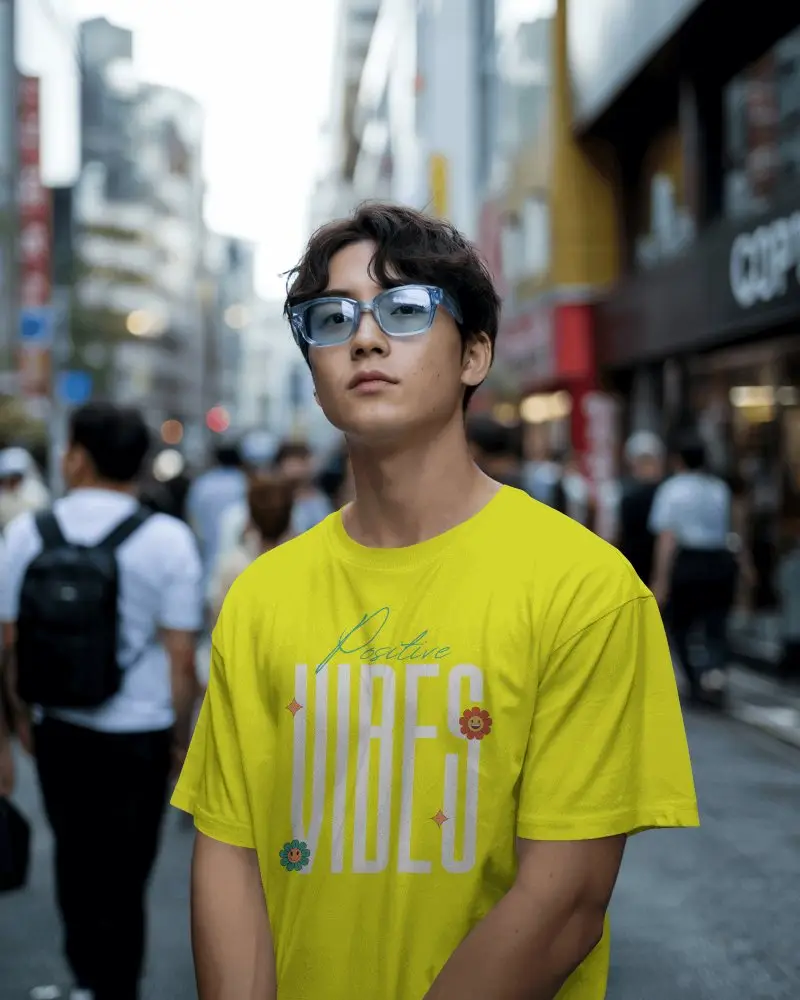 Trendy City T Shirt Mockup Male Model Sunglasses In Busy Street Scene Modern Casual