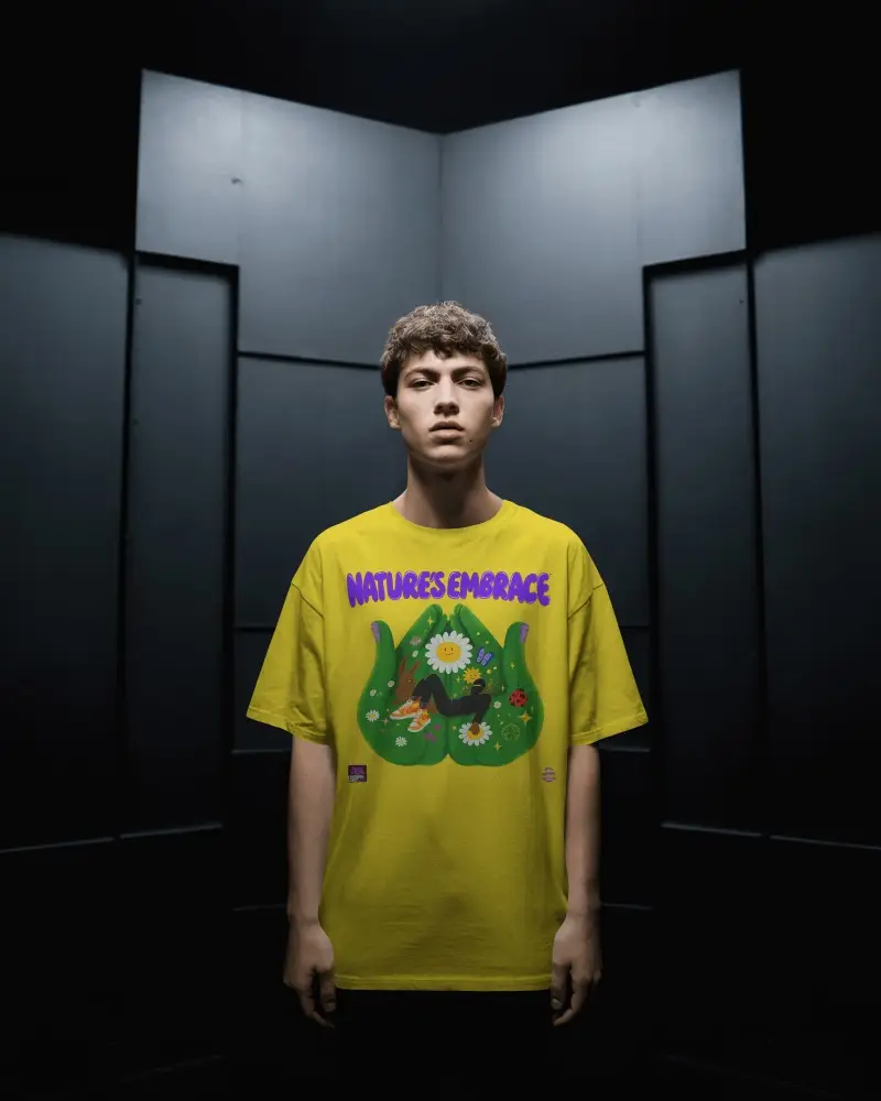 Stylish Tshirt Mockup Front View On Male Model Against Geometric Dark Background With Soft Shadows