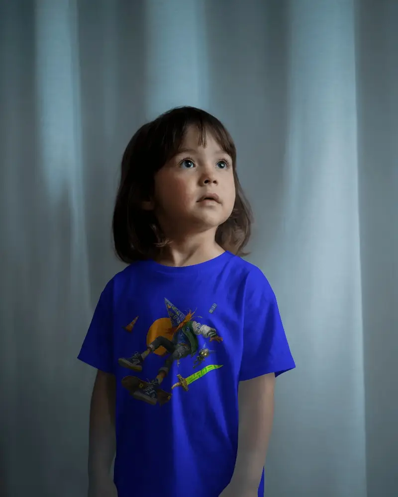 Kids Tshirt Mockup On Child Model Standing In Soft Light With Curtain And Natural Shadows