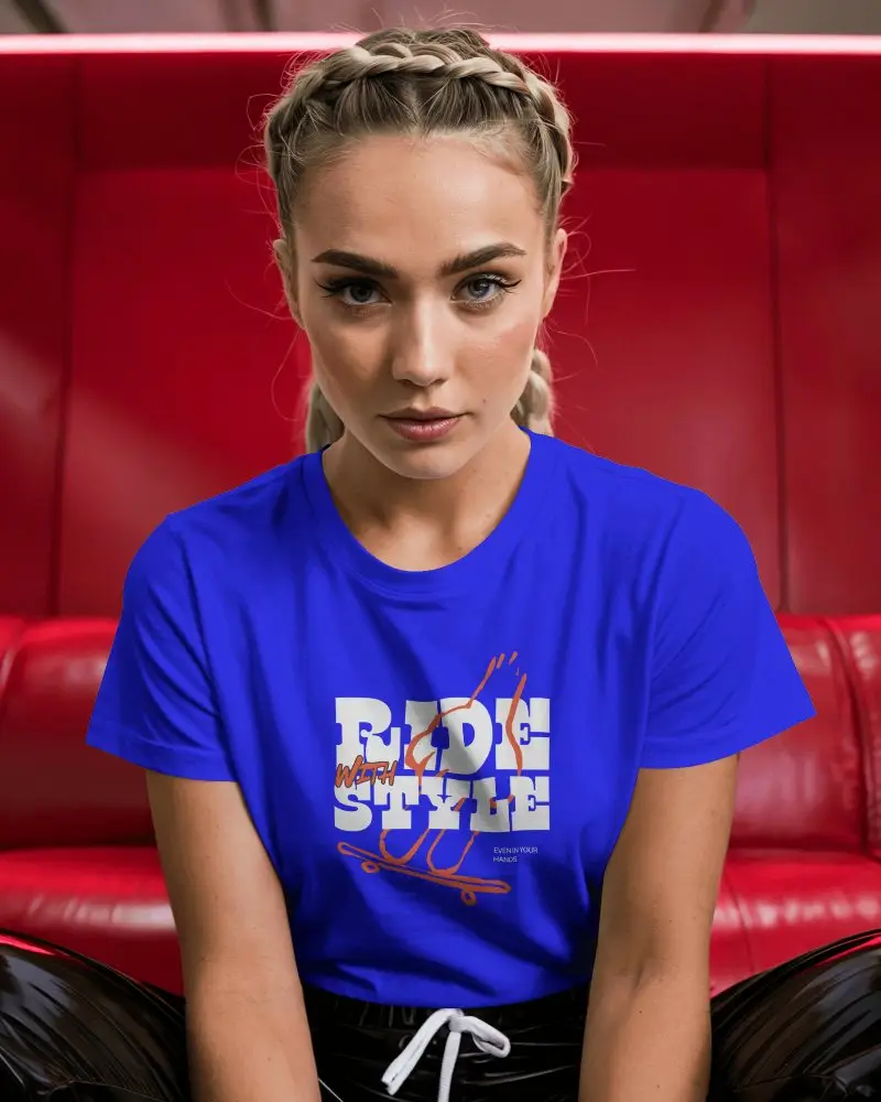 Modern Red Sofa T Shirt Mockup Female Model Front View Intense Gaze Casual Streetwear