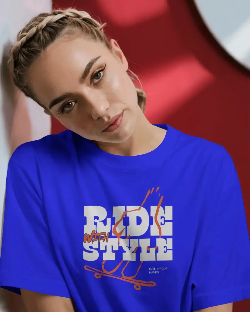 Tilted Head T Shirt Mockup Female Model Soft Lighting Red Wall Backdrop Relaxed Pose