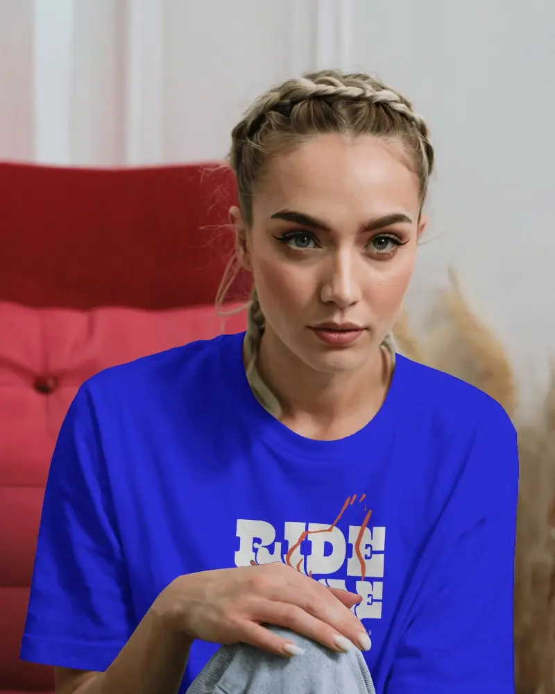 Cozy Seated T Shirt Mockup Female Model Casual Look Red Chair Comfortable Vibe Fashion