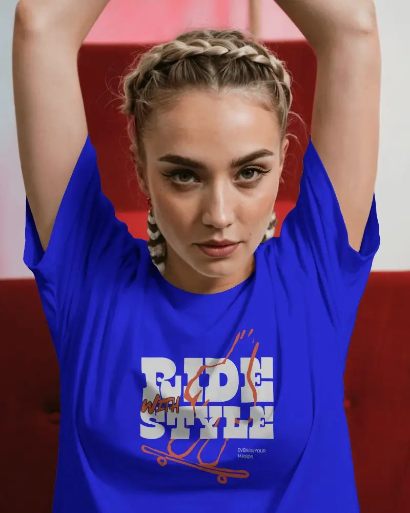 Raised Arms T Shirt Mockup Female Model Confident Expression Studio Red Backdrop Style