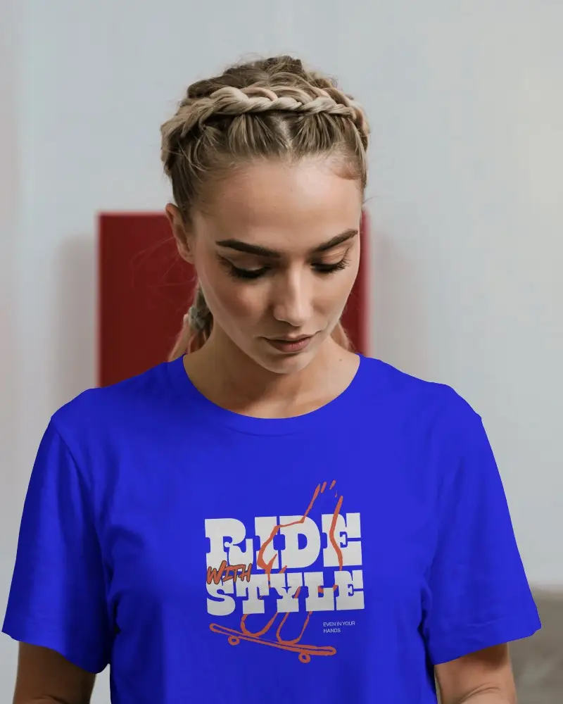 Looking Down T Shirt Mockup Female Model Subtle Expression Minimal Aesthetic Clean Look