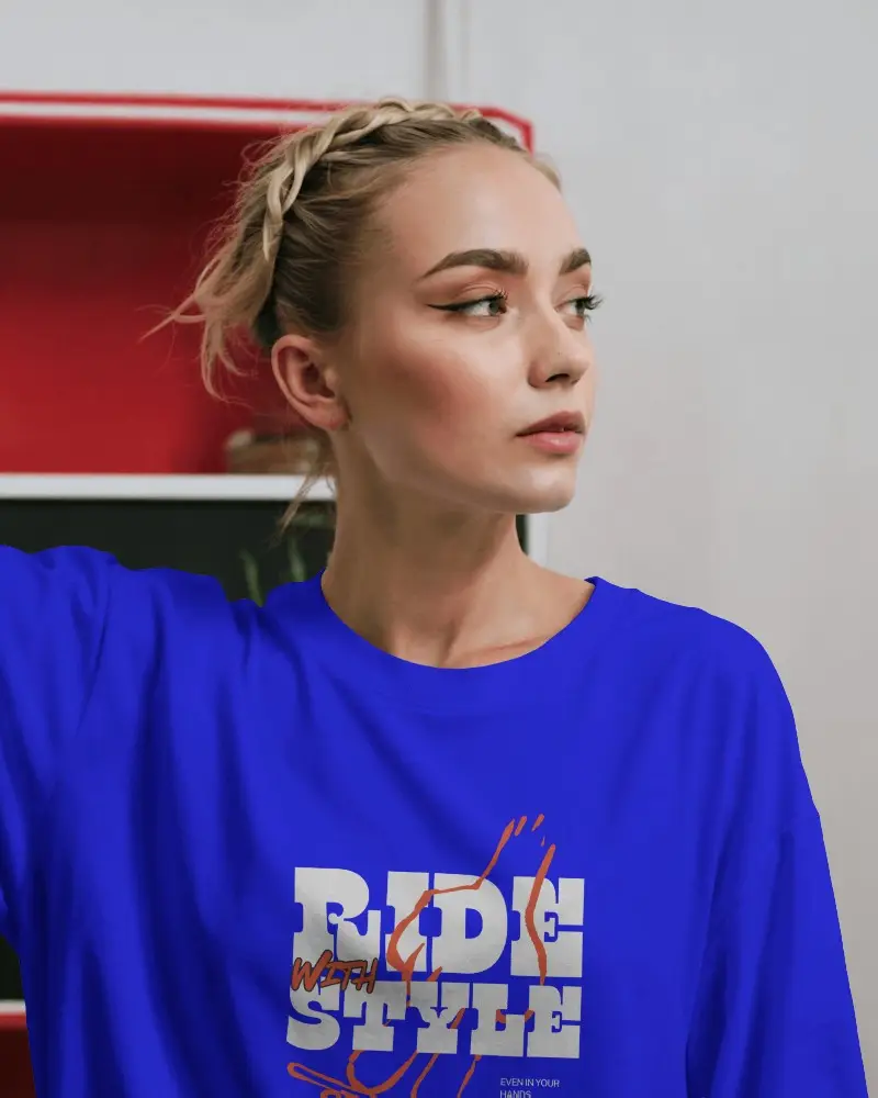 Side Profile T Shirt Mockup Female Model Gazing Away Red Shelf Backdrop Modern Casual