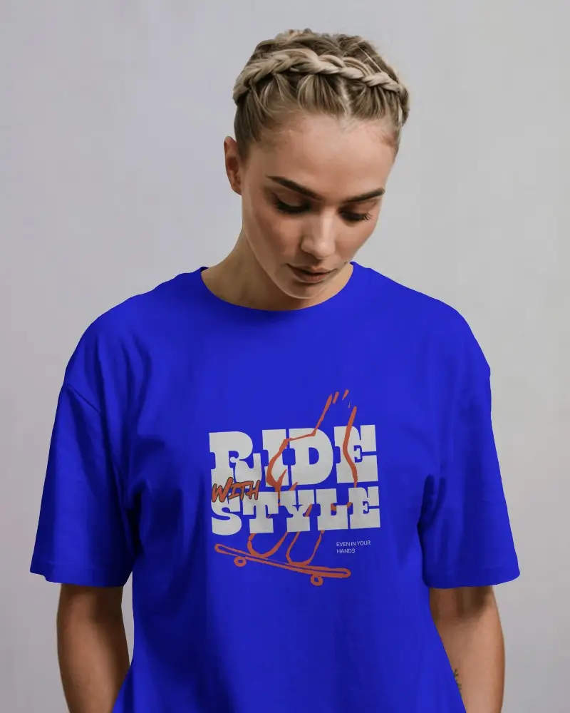 Downward Gaze T Shirt Mockup Female Model Soft Expression Clean Gray Background Minimal