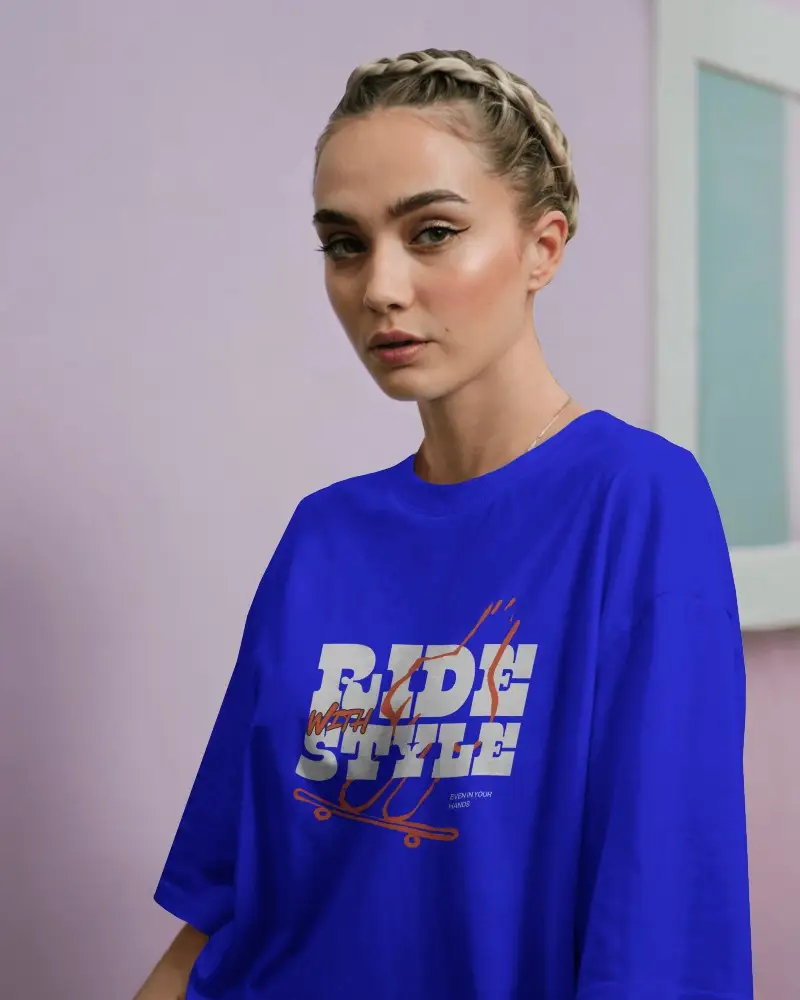 Pastel Studio T Shirt Mockup Female Model Side Pose Lavender Wall Stylish Casual Look