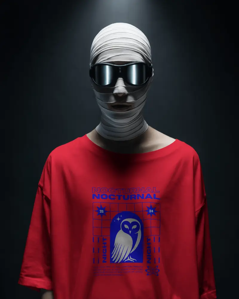 Futuristic Bandaged Model Tshirt Mockup With Dark Dramatic Lighting And Sleek Reflective Sunglasses