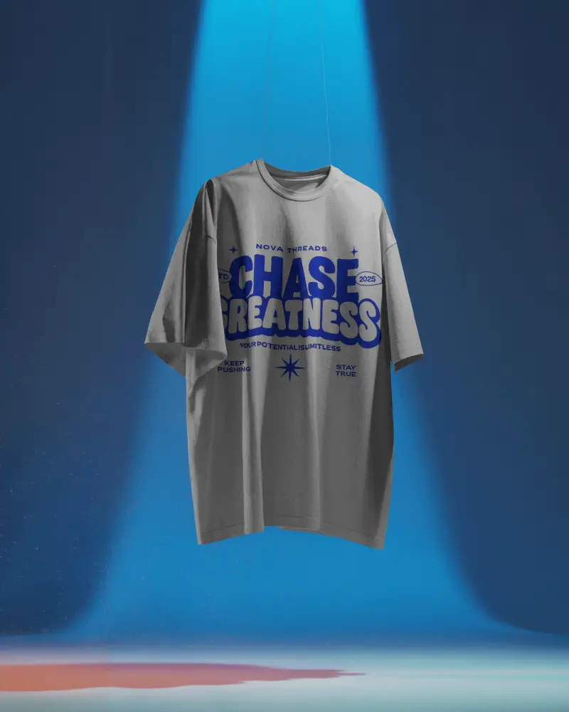 Floating Hanging Tshirt Mockup Under Blue Spotlight With Minimal Stage Like Studio Background
