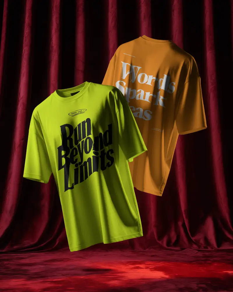 Floating Dual Tshirt Mockup Front And Back Display Against Luxurious Red Velvet Curtain Backdrop