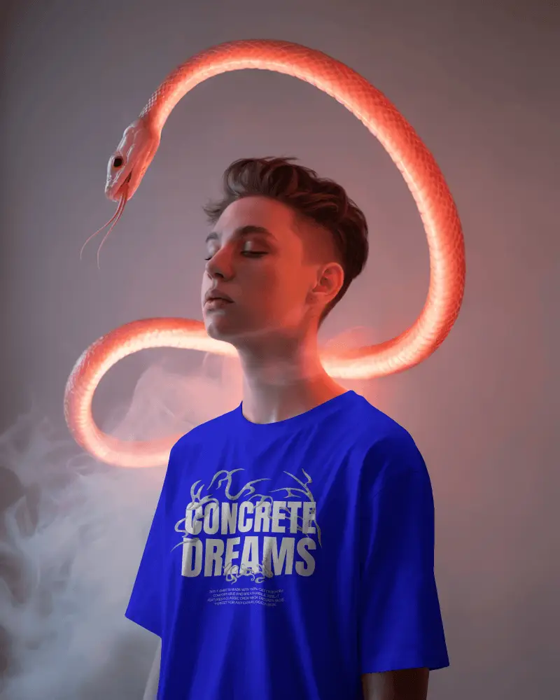 Mystical Snake Loop Tshirt Mockup Male Model Eyes Closed Dramatic Lighting With Smoky Effect