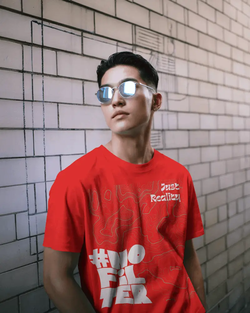 Urban Street Tshirt Mockup Male Model Wearing Sunglasses Against Modern Brick Wall Background