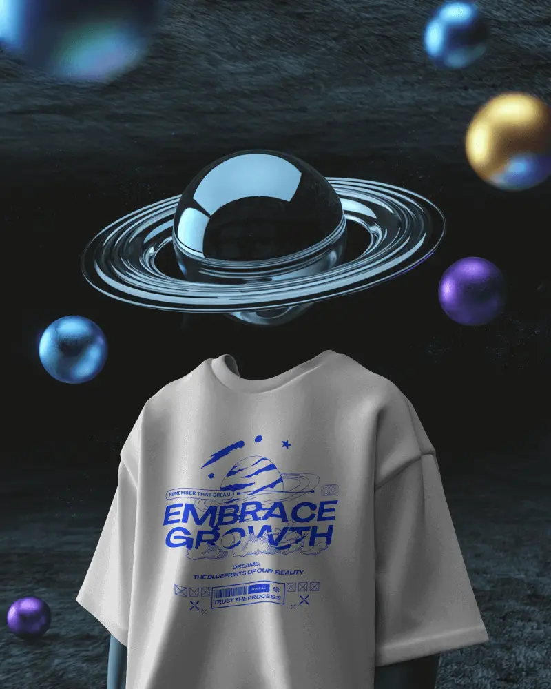 Cosmic Surreal Tshirt Mockup Head Replaced By Saturn With Floating Colorful Planets 3d Space Scene