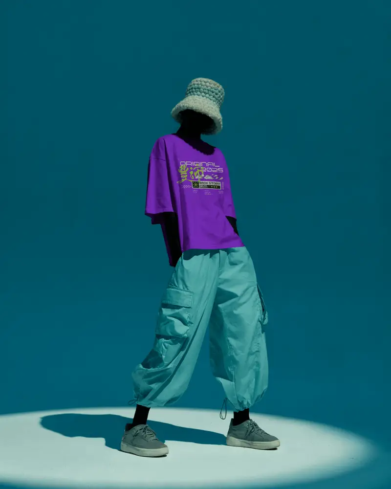 Spotlight Fashion Tshirt Mockup Black Model In Casual Style With Bucket Hat Teal Background Studio