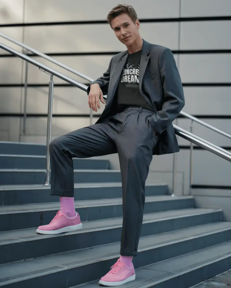 Casual Tshirt Mockup Male Model In Formal Suit With Pink Sneakers Street Stair Background