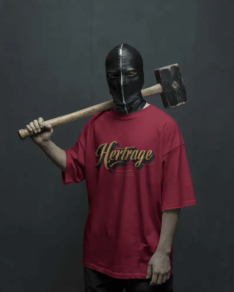 Dark Gritty Tshirt Mockup Male Model In Black Mask Holding Hammer Industrial Mystery Vibe