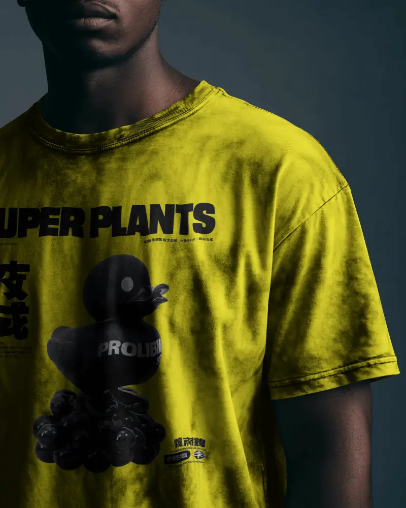 Acid Wash Closeup Tshirt Mockup Male Model In Dark Tones With Soft Shadow And Vintage Grunge Effect