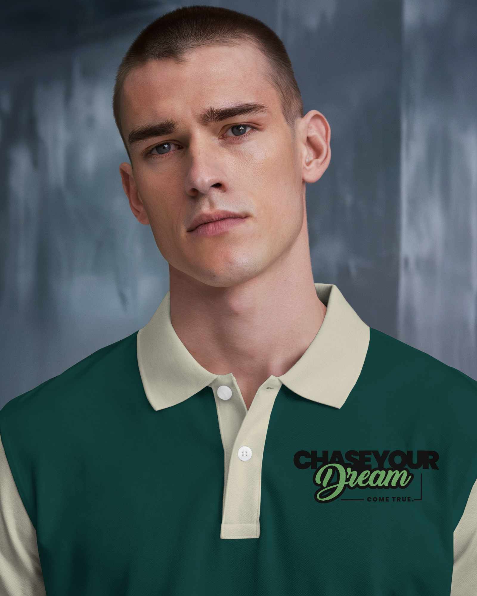 Classic Polo Shirt Mockup Male Model Moody Blue Background Elegant And Minimalist Look