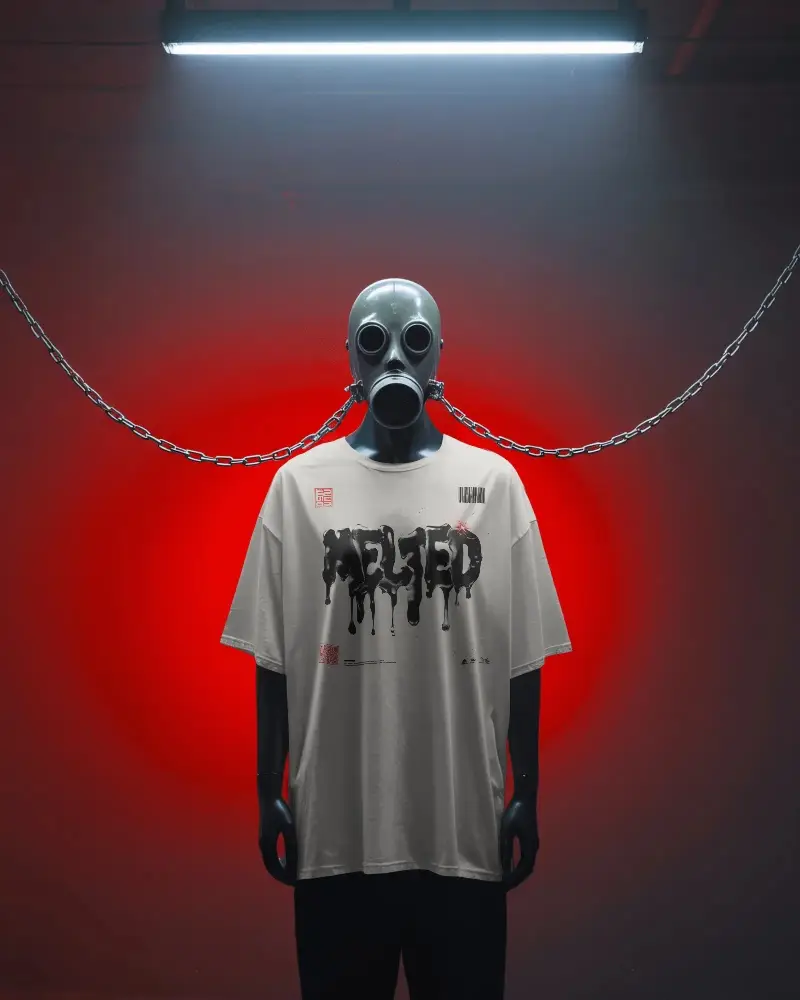 Futuristic Gas Mask Mannequin Showcasing Blank Tshirt Mockup For Streetwear Fashion