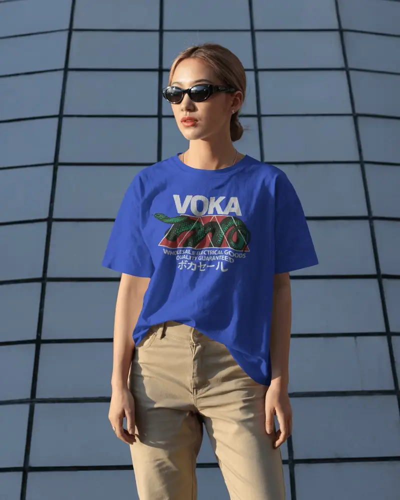 Minimalist T Shirt Mockup Woman In Casual Wearing Sunglasses Against Architectural Grid Backdrop