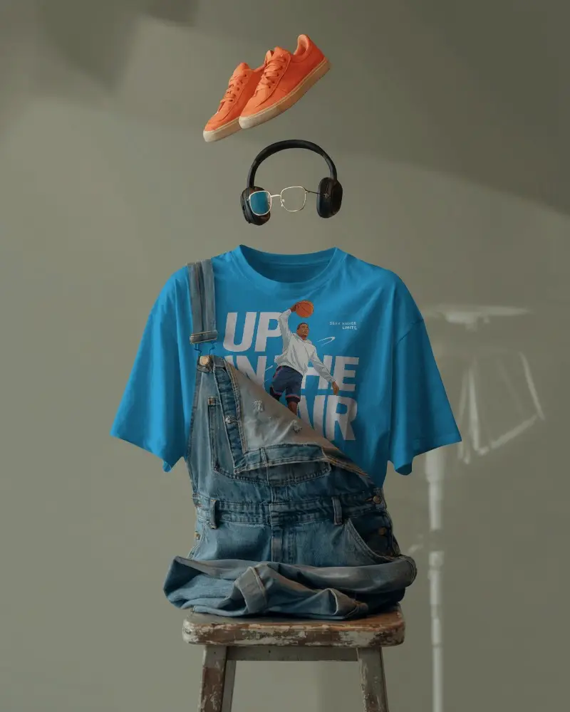 Trendy T Shirt Mockup Denim Overalls And Orange Sneakers With Stylish Headphones