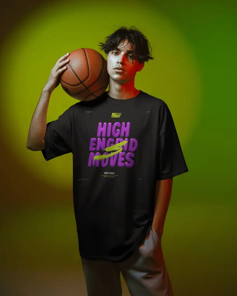Athletic T Shirt Mockup Male Model Holding Basketball In Studio With Vibrant Colored Lighting