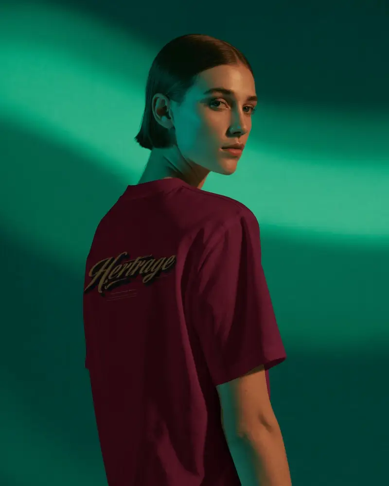 Elegant Women T Shirt Mockup Model Looking Back Over Shoulder Modern Studio Setup