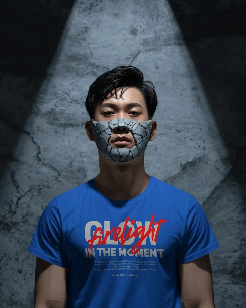 Spotlight Stone Mask T Shirt Mockup Male Model In Moody Shadowed Studio Background