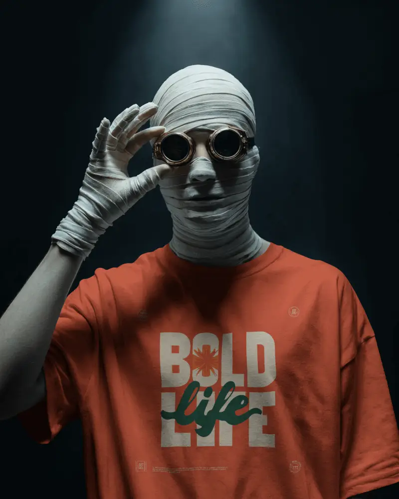 Cinematic Mummy Style T Shirt Mockup Masked Model With Goggles In Dramatic Dark Light Scene