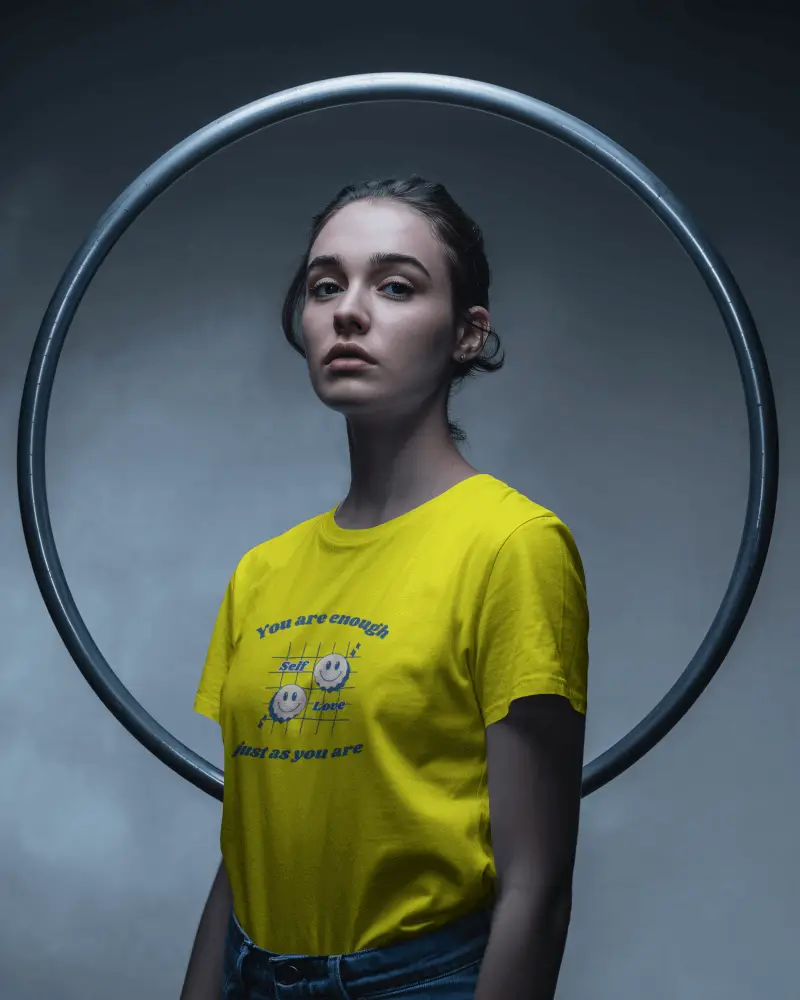 Fashion Portrait T Shirt Mockup Female Model With Metal Ring Backdrop In Studio Soft Lighting